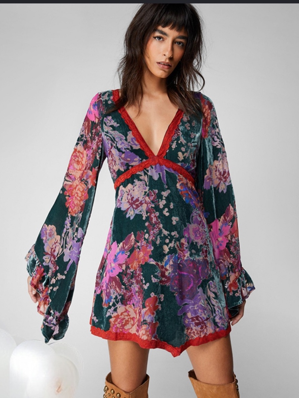 Nasty Gal Floral Devore Mini Dress Bell Sleeves Burnout Velvet Fairy Whimsy Sz 4